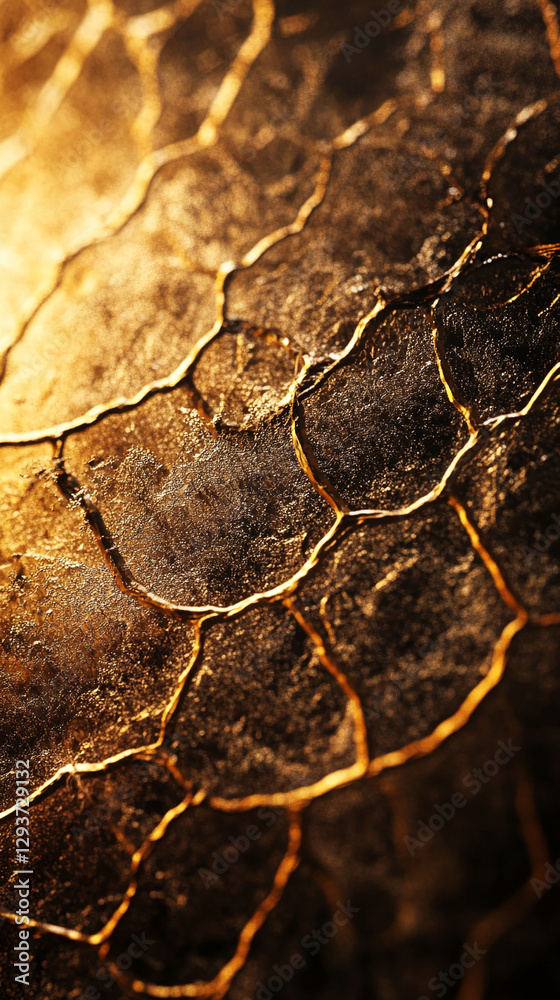 Poster close-up of textured surface with golden cracks, resembling a lava flow or molten rock pattern, symb
