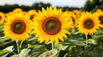 Fototapeta premium Golden sunflower field with dappled sunlight, bright and cheerful scenery.