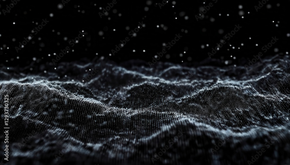 Poster abstract digital landscape with flowing waves of particles on a dark background, suitable for creati