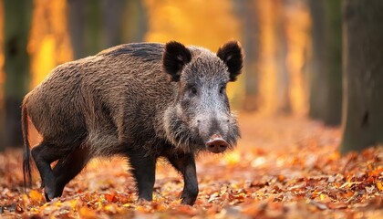 Majestic Male Wild Boar in Autumn Vibrant Forest Scene with Golden Leaves and Crisp Air, Capturing the Power and Mystique of Natures Majesty.