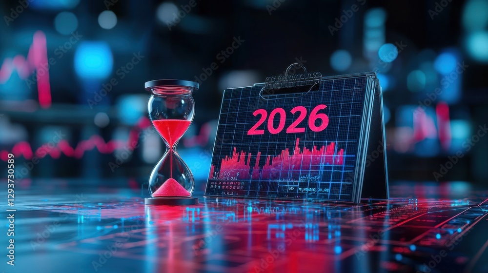 Poster 2026 finance analytics and market forecast futuristic neon data visualization dashboard with trend c