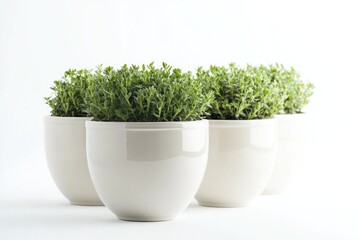 Three white planters filled with lush green plants, great for home decor or office use