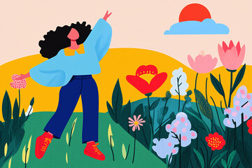 Vector illustration of a person stretching in a spring field at sunrise, flat style illustration, simple shapes