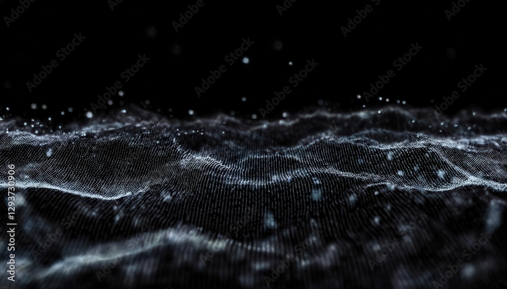 Poster abstract digital landscape with flowing waves of particles on a dark background, suitable for creative, futuristic designs
