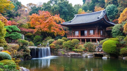 Serene Autumnal Japanese Garden with Pavilion and Waterfall