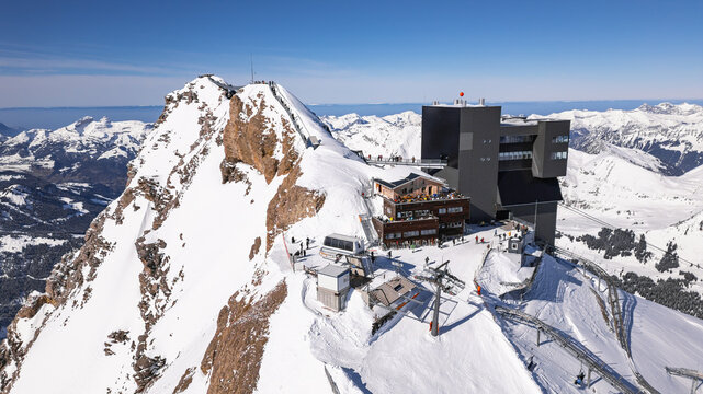 Panoramic Aerial View of Glacier 3000 with Alpine Peaks and Suspended Bridge ( Peak Walk ) in Switzerland