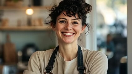 A smiling woman in an apron stands confidently in a caf? setting.
