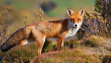 Fototapeta premium Vibrant European Red Fox Amidst a Wintery Forest Backdrop, Showcasing the Agile and Elusive Mammal in a Frosty Wonderland, Capturing the Essence of Mystery and Tranquility.