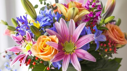 Vibrant Birthday Bouquet with Fresh Flowers, Joyful Floral Arrangement for Celebrations, Party Decorations, Festive Greeting Card Background