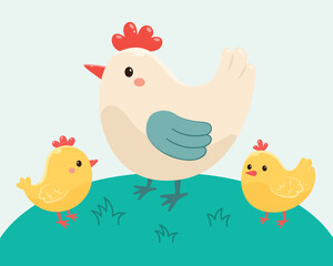 Chicken and chicks. Vector illustration in flat style