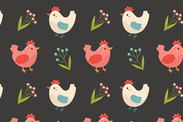 A pattern of chickens and flowers. Vector illustration in flat style