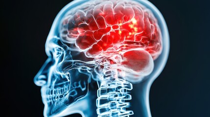 A detailed close-up of a human head, emphasizing the vibrant red brain, showcasing its intricate structures and highlighting its importance in human anatomy.