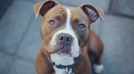 A friendly dog gazing up at the camera with curious expression