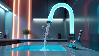 Futuristic faucet design with running water in a high-tech kitchen for conservation concept
