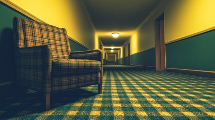 Hotel corridor armchair waiting suspenseful night