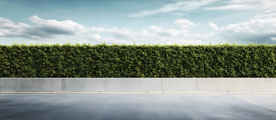 Fototapeta premium A long concrete wall with a hedge on top, next to a cement sidewalk and an asphalt street, creates a background suitable for a copy space image.