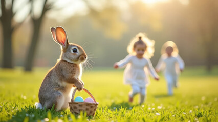 An Easter bunny sits on a blooming spring meadow with a basket of colorful eggs, while two children in white outfits run joyfully, searching for hidden eggs under the warm sun.