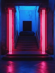dark room with blue lighting, neon pink tubes on the left and right of each stair in an empty mansion
