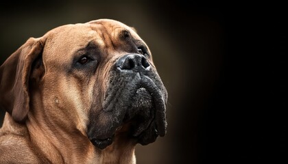 Obraz premium Majestic Mastiff Portrait A Regal Canine Striking a Pose Against a Rustic Backdrop at Twilight, Exuding Power and Grace.