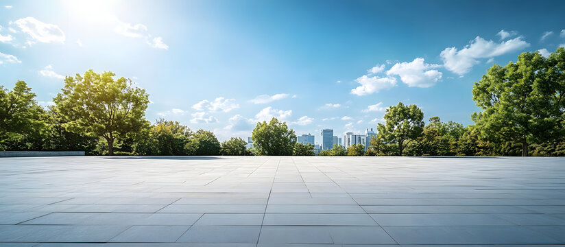 Future architecture and blue sky backdrop in an empty city park with a concrete floor Copy space image Place for adding text or design