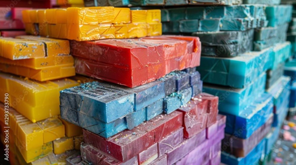 Poster Colorful blocks of handmade soap are stacked neatly in a craft market. Each block exhibits unique hues, attracting visitors interested in artisanal products during a warm afternoon.