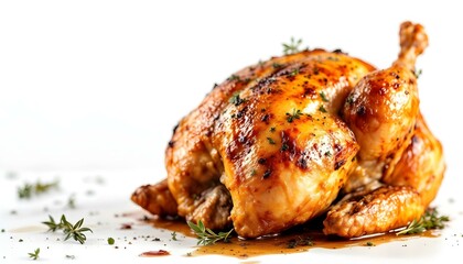 Roasted whole chicken, golden crispy skin, herb-seasoned, juicy tender meat, rustic plate