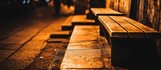 Nighttime urban wooden benches, city street background, website design