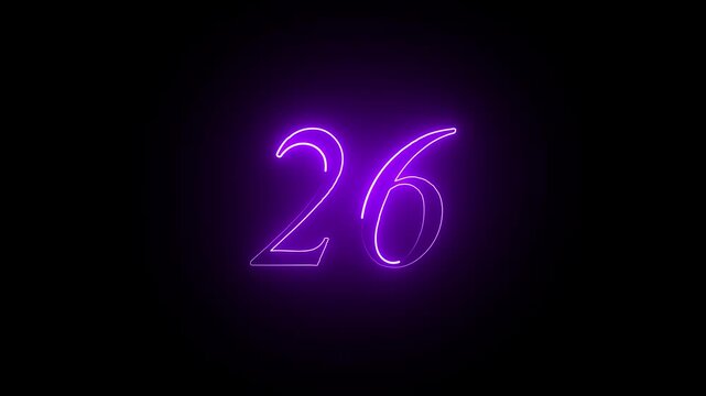 Abstract glowing neon text 26 number countdown icon. Educational mathematics 26 animation on black background. 