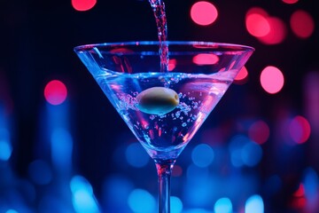 martini glass with an olive being poured into it, with blue and red lights in the background.