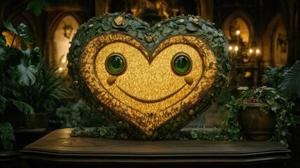 Fototapeta premium Smiling heart sculpture, ornate interior, glowing, plants