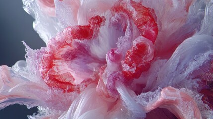 Pink, red liquid swirls, abstract art, dark background, beauty product ad