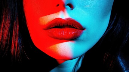 Fototapeta premium Woman's lips, red and blue light, close-up, beauty, fashion