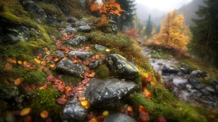 Autumnal mountain stream, mossy rocks, fallen leaves, misty forest background, nature scene