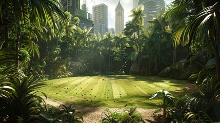 Futuristic cricket training facility surrounded by lush greenery and innovative smart city design