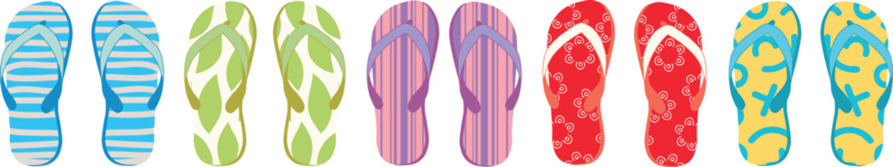Colorful Summer Flip Flops Vector Set – Vibrant Beach Sandals in Tropical Patterns, Bright Colors, and Fun Summer Design