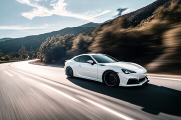 White Sportscar on Scenic Road: A sleek, white sportscar speeds along a winding road, showcasing motion against a picturesque backdrop of rolling hills, capturing the thrill of driving.
