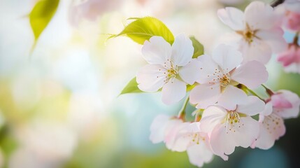 Obraz premium Cherry blossoms in full bloom, delicate petals in soft light, symbolizing renewal and harmony of spring. 