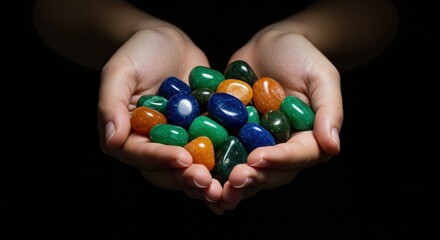 Serene Gemstones: Colorful Polished Stones in Gentle Hands
