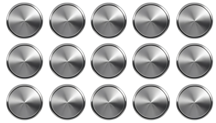 A set of metal chrome circle buttons is presented