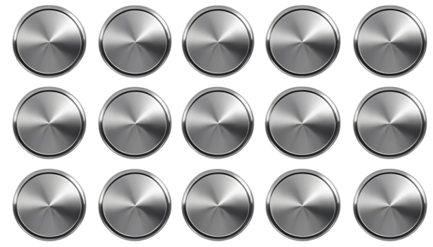A set of metal chrome circle buttons is presented