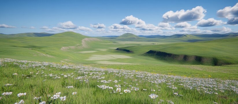 Spring meadow, rolling hills, wildflowers, sunny day, landscape, nature background