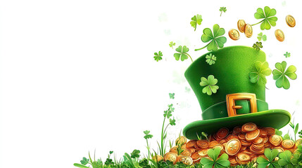 St. Patrick's Day celebration features green shamrocks and leprechauns. Green Hat Surrounded by Coins and Shamrocks for Festive Celebration