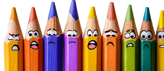 Colorful wooden pencils with expressive faces display various emotions in the copy space image