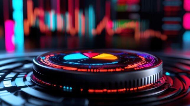 Abstract business intelligence dashboard, glowing pie charts and line graphs, cyber-tech design