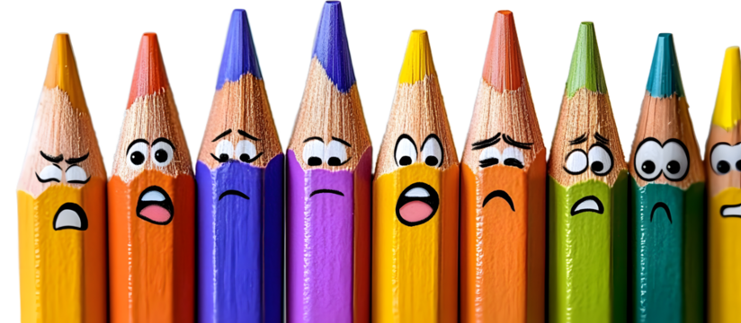 Colorful wooden pencils with expressive faces display various emotions in the copy space image