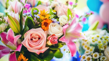 Vibrant Birthday Bouquet with Fresh Flowers, Joyful Floral Arrangement for Celebrations, Party Decorations, Festive Greeting Card Background