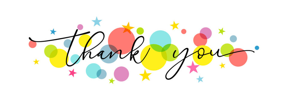Thank You card concept. Creative graphic Thanks with handwriten style typography, festive backdrop with colorful elements. Decorative horizontal banner. Web button. Cute bouquet card. Editable design.