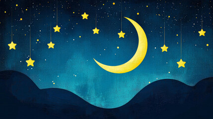 Fototapeta premium Crescent Moon and Stars Night Sky - Dreamy Celestial Art