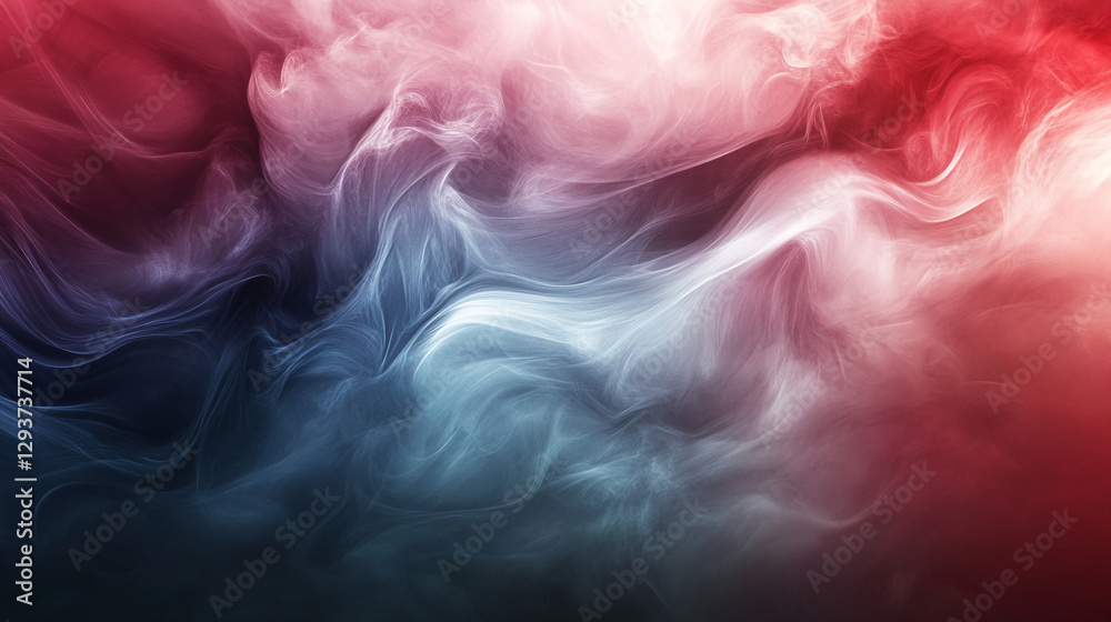 Poster abstract swirling smoke with soft transitions between red and blue tones, symbolizing energy, moveme