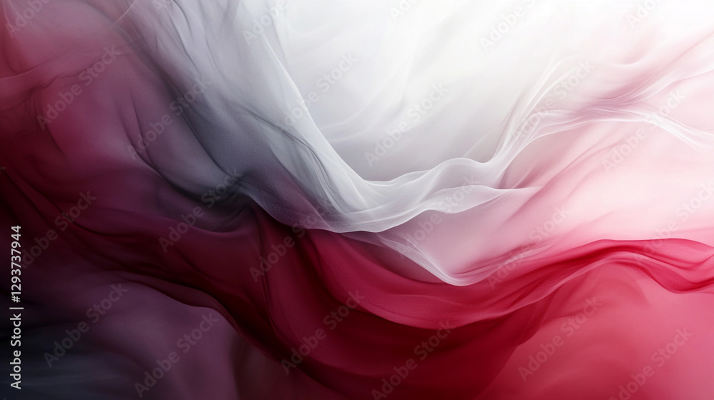 Poster Soft flowing fabric in shades of red and white creating a fluid and ethereal abstract pattern, symbolizing elegance, movement, and the beauty of natural textures.